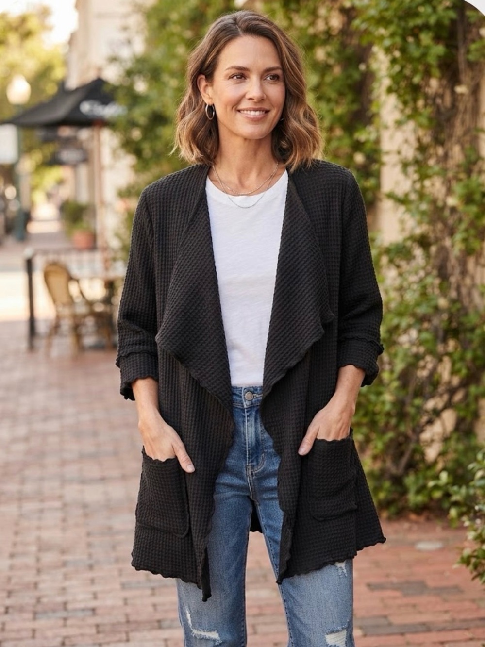 Focus Black 100% Cotton Waffle Weave Waterfall Open Jacket Cardigan Size L